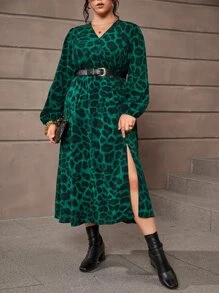 SHEIN Clasi Plus Leopard Print Lantern Sleeve Dress Without Belt - Dark Green - View 4
