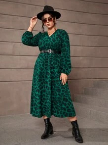 SHEIN Clasi Plus Leopard Print Lantern Sleeve Dress Without Belt - Dark Green - View 5