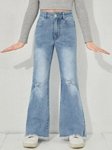 Cô gái Tween Rách Raw Hem Quần ống loe - Rửa nhẹ - Xem 3