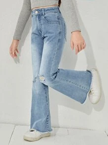 Cô gái Tween Rách Raw Hem Quần ống loe - Rửa nhẹ - Xem 4