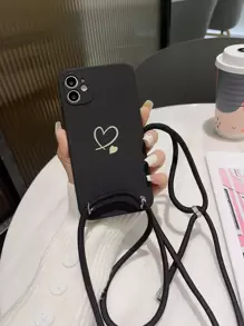 1 件创意心形斜挎带手机壳，兼容 Apple//，时尚防摔设计，防水防震防刮 - 黑色 - 查看 2