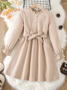 女孩褶邊荷葉袖繫腰帶連衣裙 - 卡其色 - 查看 1