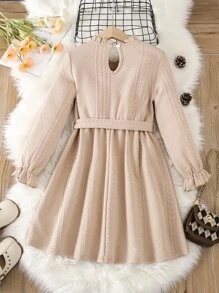 女孩褶邊荷葉袖繫腰帶連衣裙 - 卡其色 - 查看 2