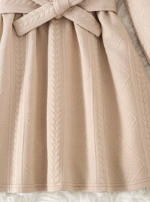 女孩褶邊荷葉袖繫腰帶連衣裙 - 卡其色 - 查看 3