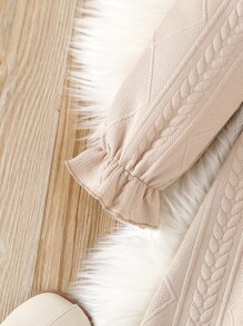 女孩褶邊荷葉袖繫腰帶連衣裙 - 卡其色 - 查看 4