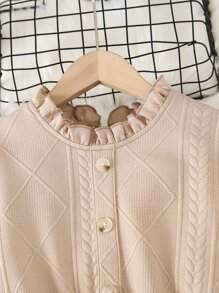 女孩褶邊荷葉袖繫腰帶連衣裙 - 卡其色 - 查看 5