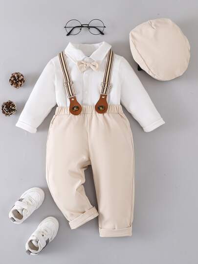 SHEIN Baby Boy Bow Front Bodysuit & Suspender Pants With Hat