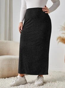 SHEIN LUNE Plus High Waist Marled Knit Skirt - Black - View 1