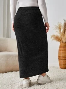 SHEIN LUNE Plus High Waist Marled Knit Skirt - Black - View 2