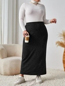 SHEIN LUNE Plus High Waist Marled Knit Skirt - Black - View 3