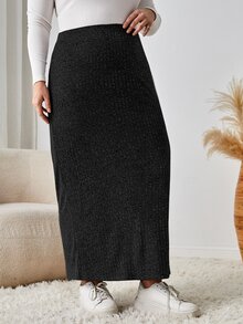 SHEIN LUNE Plus High Waist Marled Knit Skirt - Black - View 4