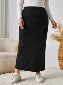 SHEIN LUNE Plus High Waist Marled Knit Skirt - Black - View 5