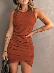 SHEIN Clasi Solid Ruched Tulip Hem Tank Dress