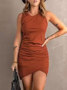 SHEIN Clasi Solid Ruched Tulip Hem Tank Dress