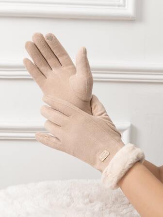 1 Pair Winter Women's Warm Gloves Thermal Lined Pink Letter Label Decor Contrast Fluffy Touch Screen Split Finger Gloves Plush Cuff Stretch Gloves