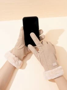 1 Pair Winter Women's Warm Gloves Thermal Lined Pink Letter Label Decor Contrast Fluffy Touch Screen Split Finger Gloves Plush Cuff Stretch Gloves