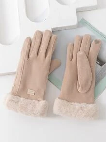 1 Pair Winter Women's Warm Gloves Thermal Lined Pink Letter Label Decor Contrast Fluffy Touch Screen Split Finger Gloves Plush Cuff Stretch Gloves