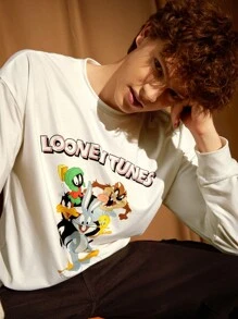 LOONEY TUNES X SHEIN Men Letter & Cartoon Graphic Patched Detail Drop Shoulder Tee - White - View 3