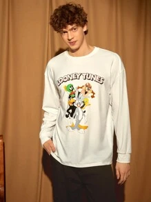 LOONEY TUNES X SHEIN Men Letter & Cartoon Graphic Patched Detail Drop Shoulder Tee - White - View 5