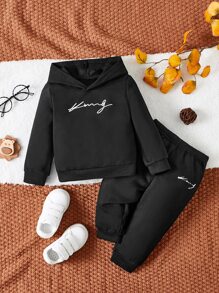 SHEIN Baby Boy Letter Graphic Hoodie & Joggers - Black - View 1