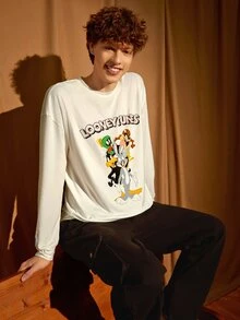 LOONEY TUNES X SHEIN Men Letter & Cartoon Graphic Patched Detail Drop Shoulder Tee - White - View 6