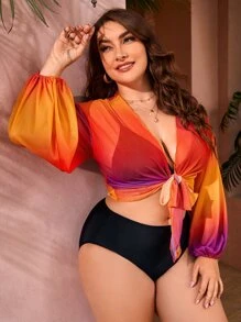 Plus Ombre Knot Front Kimono - Multicolor - View 3