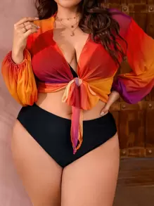 Plus Ombre Knot Front Kimono - Multicolor - View 1