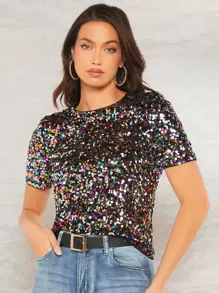 SHEIN BAE 後鎖孔亮片上衣 - 彩色 - 查看 1