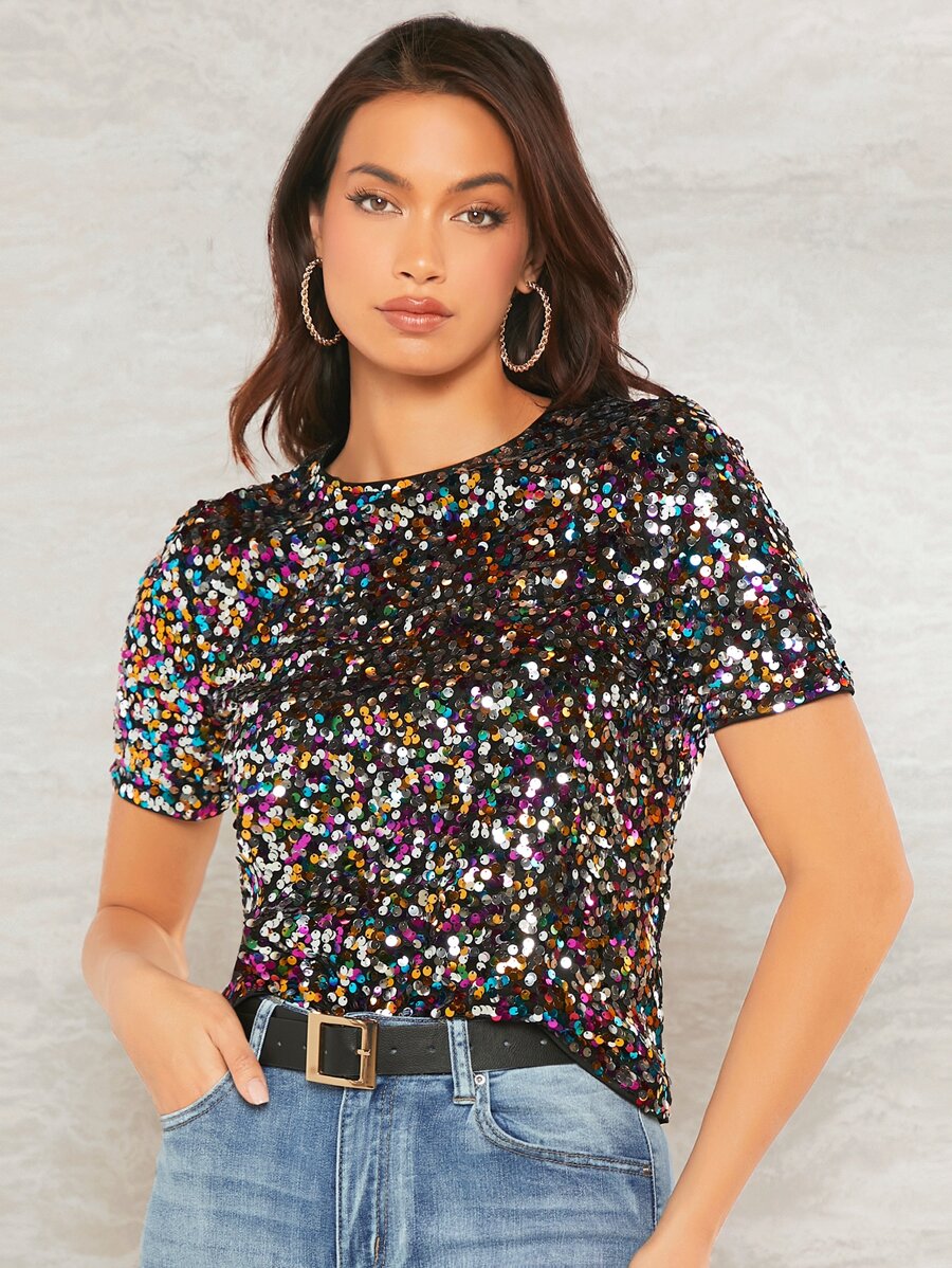 SHEIN BAE 後鎖孔亮片上衣 - 彩色 - 查看 1