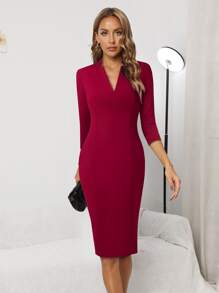 Zip Back Solid Formal Dress - Burgundy - View 1