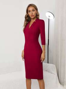 Zip Back Solid Formal Dress - Burgundy - View 3