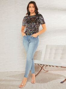 SHEIN BAE 後鎖孔亮片上衣 - 彩色 - 查看 4