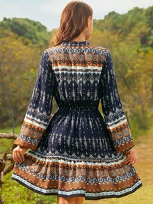 S BETRO Notched Neck Graphic Print Dress Without Belt Boho Dress - Multicolor - View 2