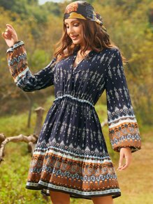 S BETRO Notched Neck Graphic Print Dress Without Belt Boho Dress - Multicolor - View 1