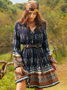 S BETRO Notched Neck Graphic Print Dress Without Belt Boho Dress - Multicolor - View 5