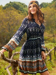 S BETRO Notched Neck Graphic Print Dress Without Belt Boho Dress - Multicolor - View 4