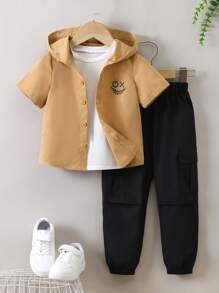 SHEIN 小男童卡通圖案連帽襯衫和褲子不帶T恤 - 彩色 - 查看 1