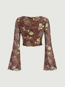 SHEIN MOD 印花前繫帶荷葉袖手帕下擺短款T恤 - 彩色 - 查看 5