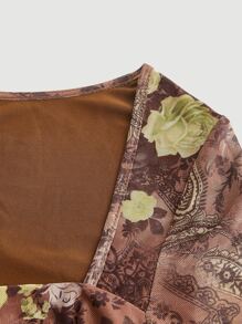 SHEIN MOD 印花前繫帶荷葉袖手帕下擺短款T恤 - 彩色 - 查看 4