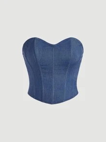 SHEIN MOD Lace Up Back Hanky Hem Tube Denim Top - Blue - View 1