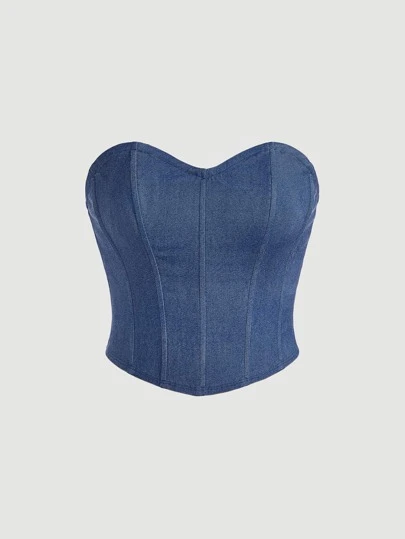 SHEIN MOD Lace Up Back Hanky Hem Tube Denim Top