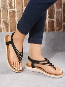 Casual Outdoors T-strap Thong Sandały dla kobiet, Bead Decor Sztuczna skóra Toe Post Sandały na płaskim obcasie