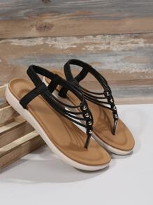 Casual Outdoors T-strap Thong Sandały dla kobiet, Bead Decor Sztuczna skóra Toe Post Sandały na płaskim obcasie