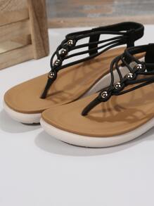 Casual Outdoors T-strap Thong Sandały dla kobiet, Bead Decor Sztuczna skóra Toe Post Sandały na płaskim obcasie