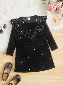 SHEIN Toddler Girls Pearls Beaded Ruffle Trim Dress - Black - View 1