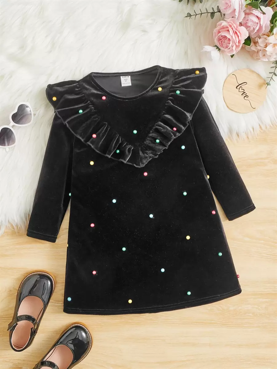 SHEIN Toddler Girls Pearls Beaded Ruffle Trim Dress - Black - View 1