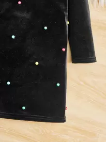 SHEIN Toddler Girls Pearls Beaded Ruffle Trim Dress - Black - View 3