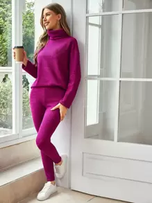 SHEIN Essnce Funnel Neck Drop Shoulder Top & Leggings - Purple - View 1