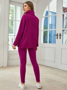 SHEIN Essnce Funnel Neck Drop Shoulder Top & Leggings - Purple - View 2