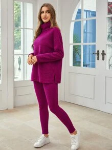 SHEIN Essnce Funnel Neck Drop Shoulder Top & Leggings - Purple - View 3